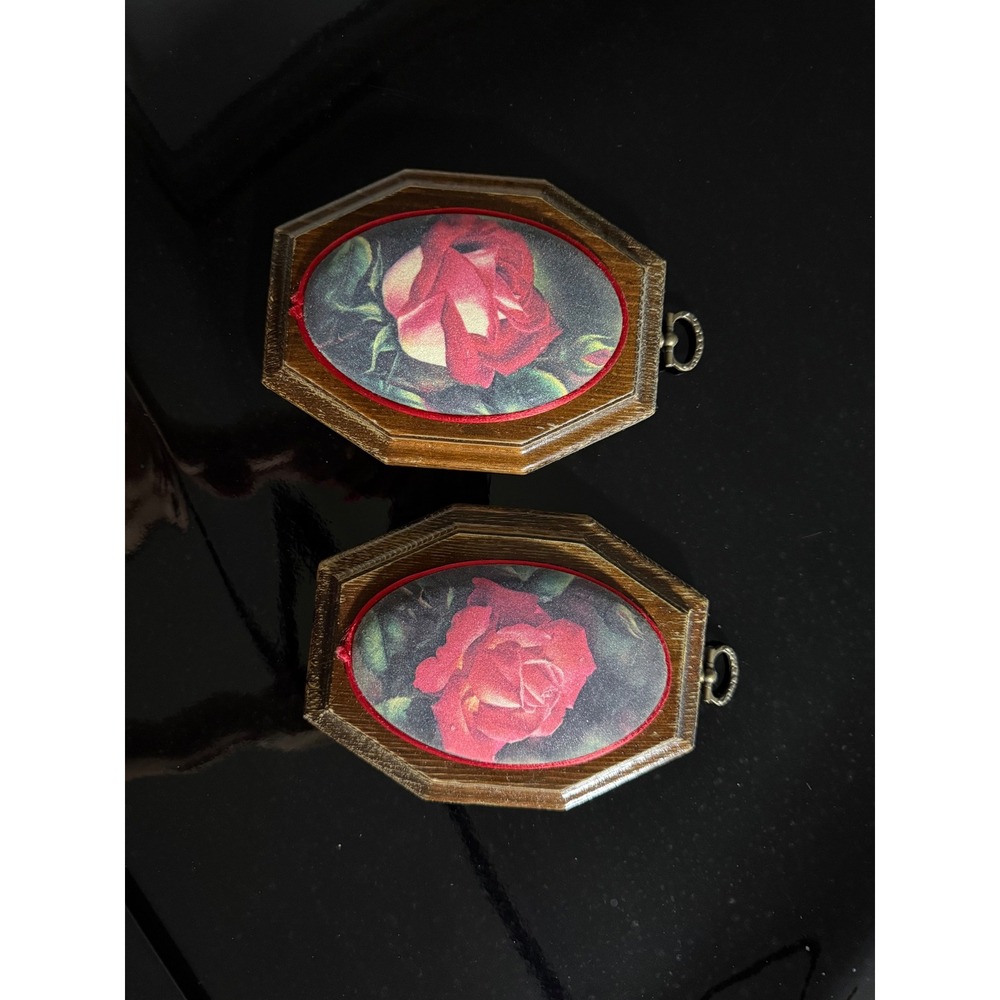 Vintage Beaded Red Rose Wood Wall Art Pair Small Octagon Floral Plaques Set of 2